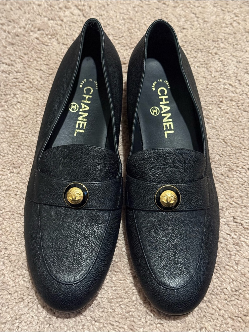 CHANEL Black Leather Loafers with Gold Medallion